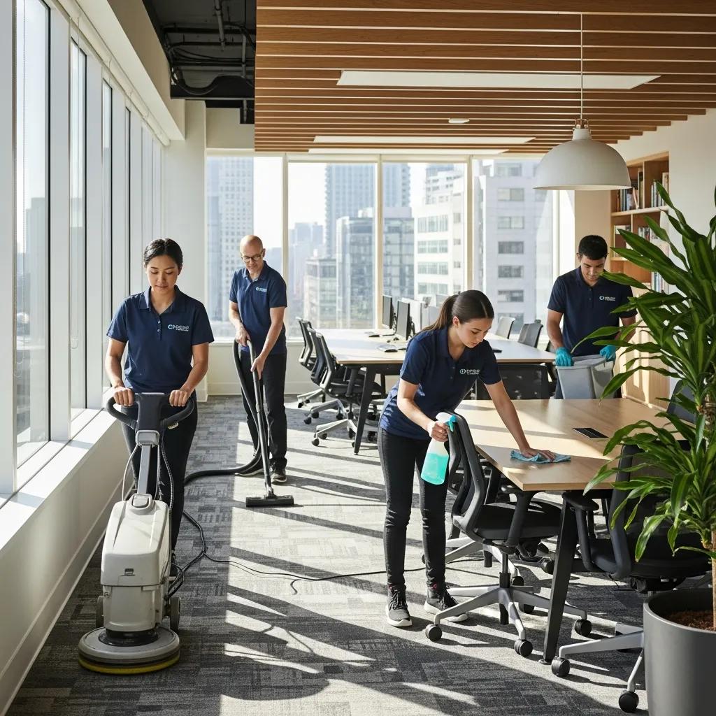 Professional commercial cleaning team cleaning a modern office space