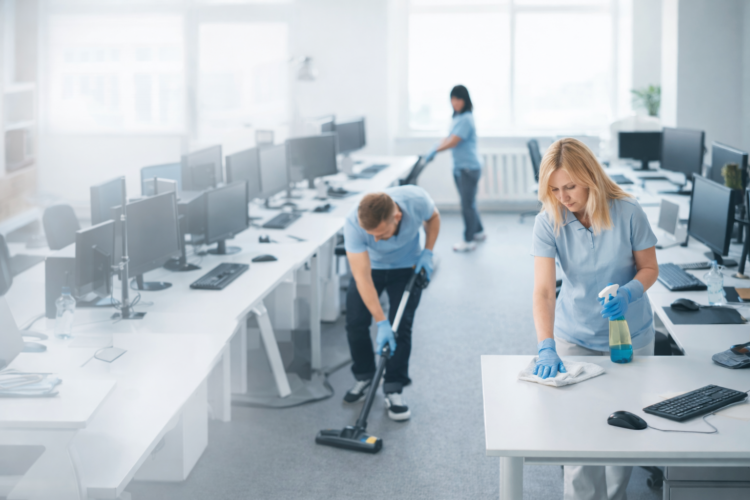 Professional office cleaning team working in a modern office