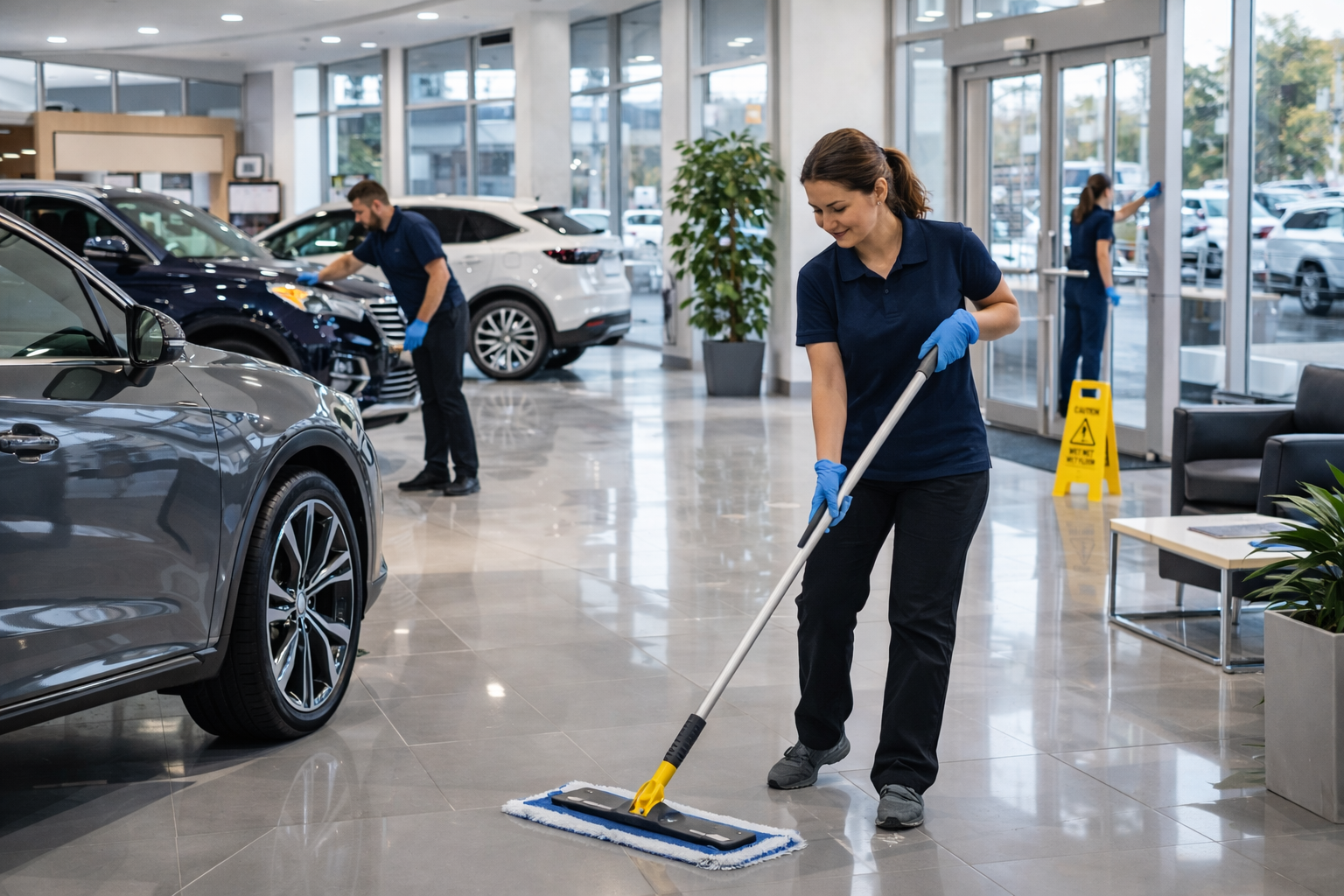 auto dealership cleaning staff maintaining showroom floors, glass entry areas, and customer spaces