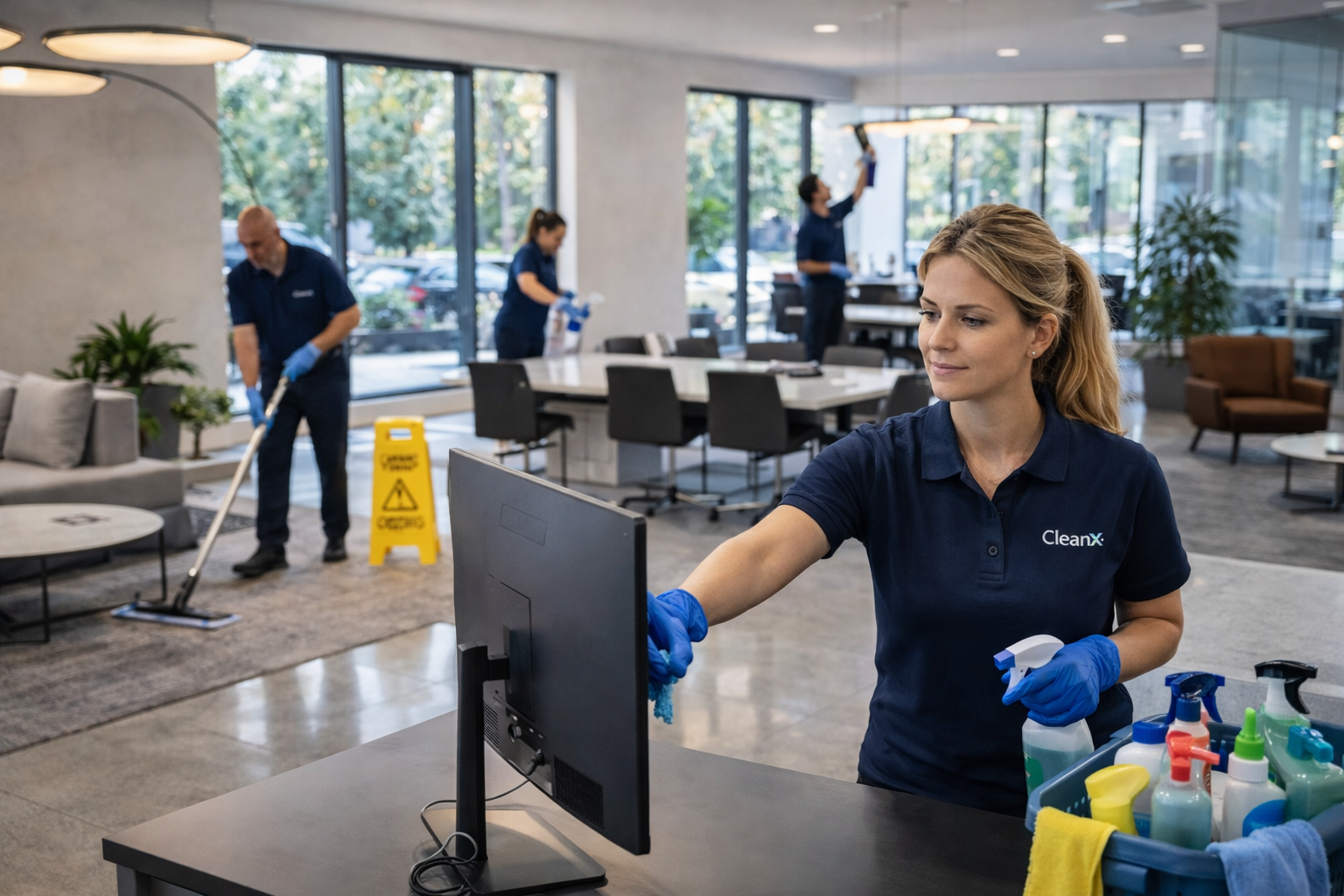 custom commercial cleaning team maintaining monitors, desks, glass, and shared business spaces