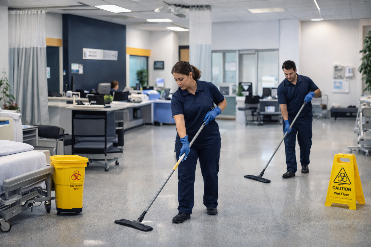 medical facility cleaning staff disinfecting treatment areas and maintaining sanitary floors