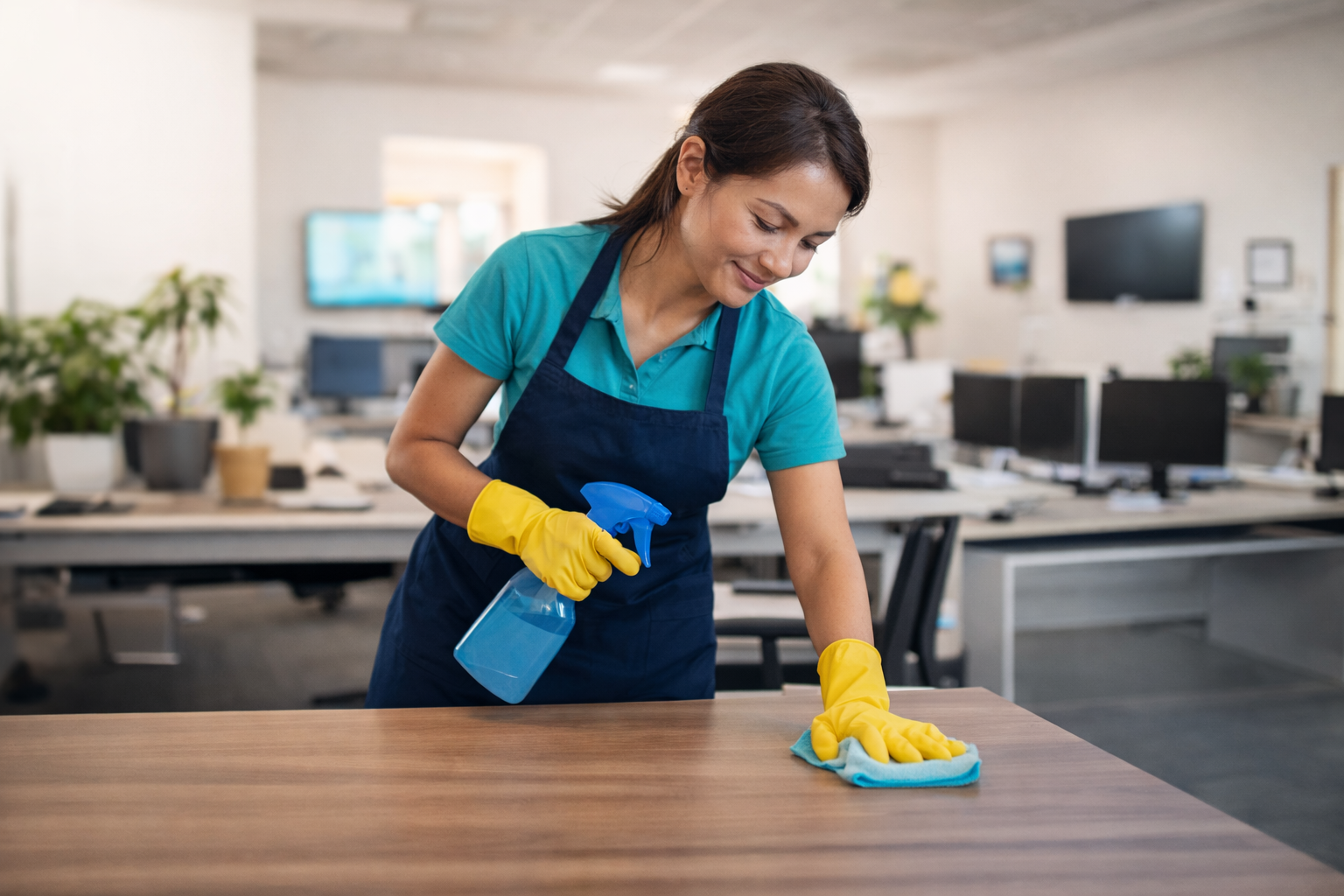 office cleaning staff disinfecting desks and shared workspaces in a modern office