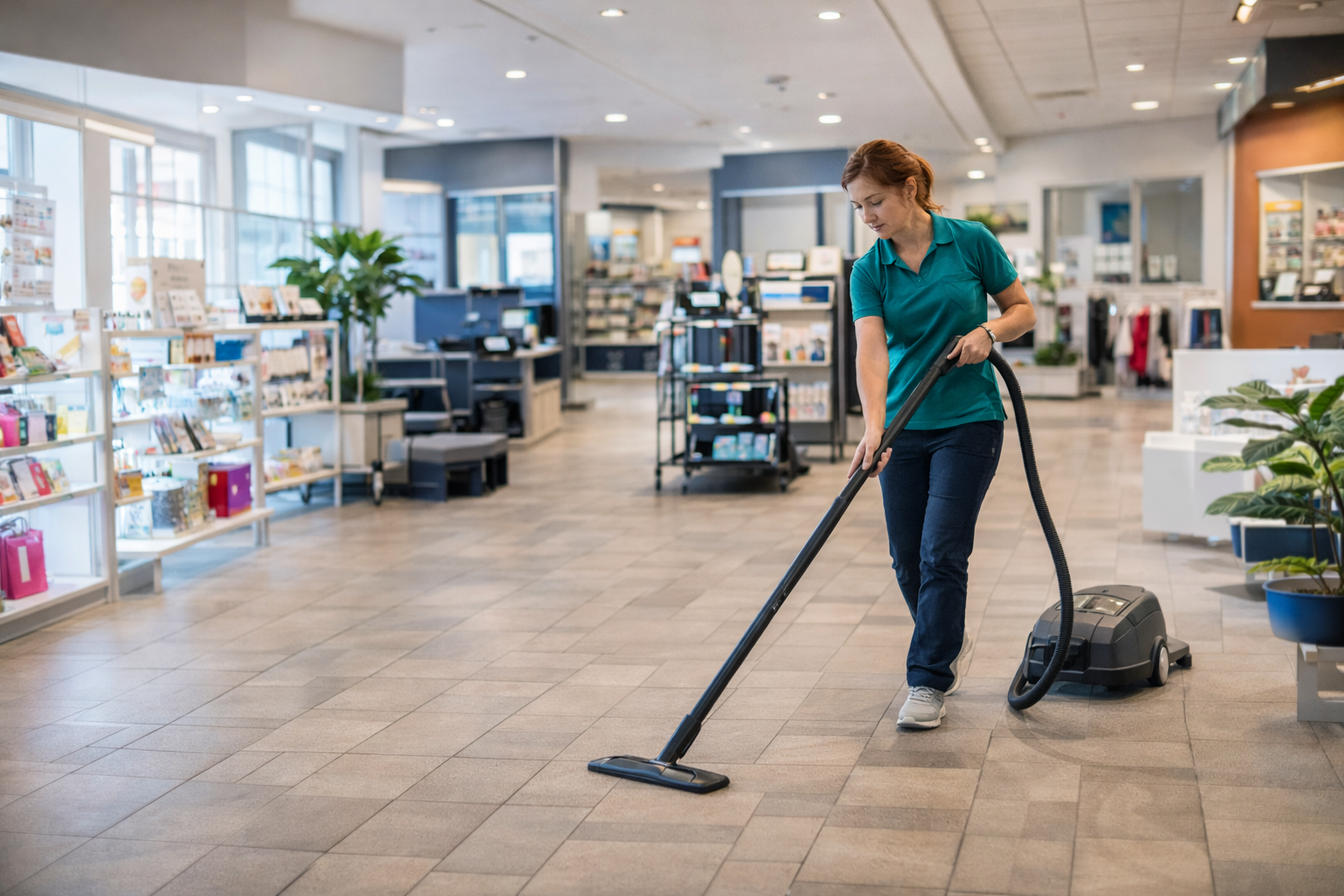 retail cleaning staff vacuuming tiled floors in a bright customer-facing store
