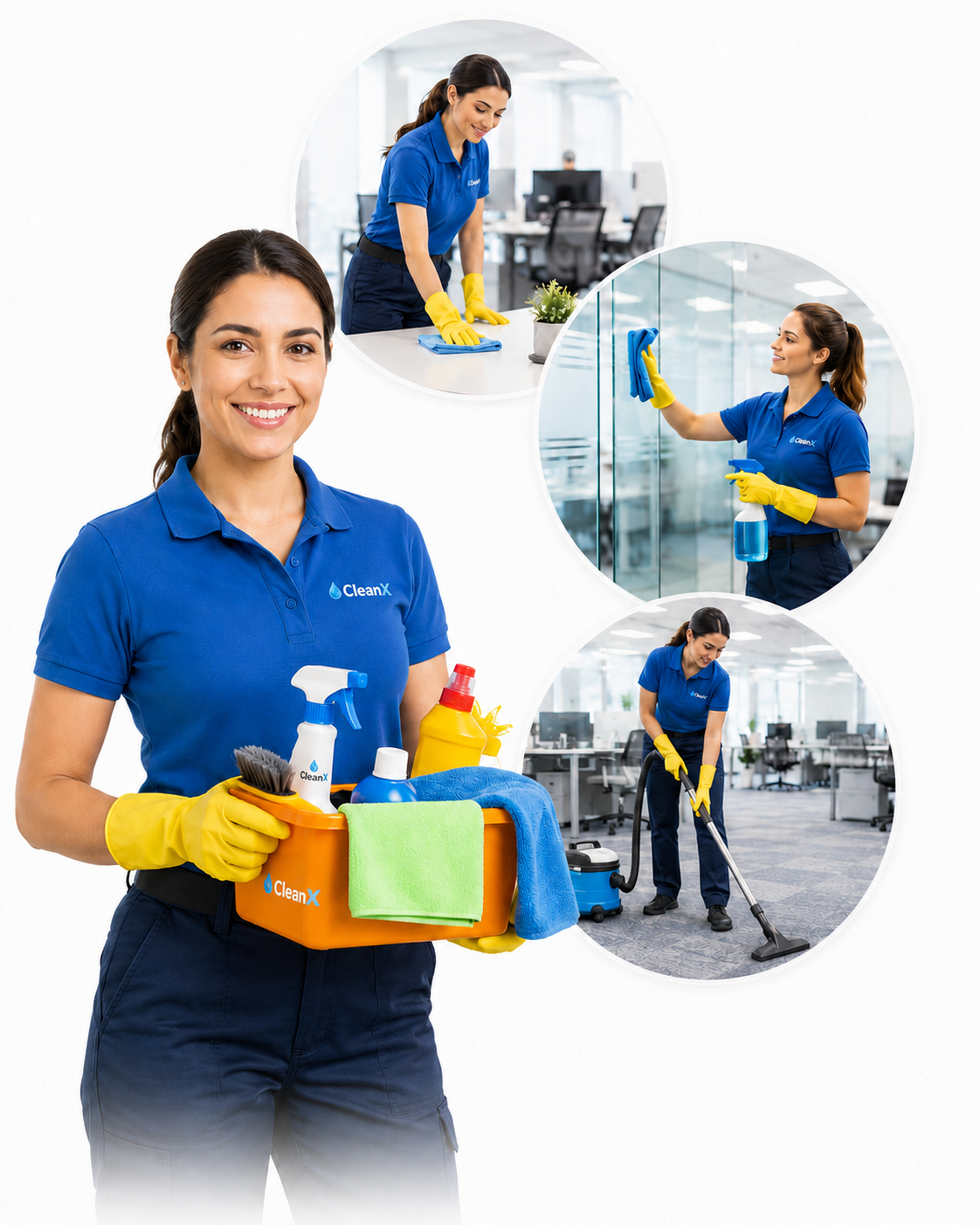 CleanX commercial cleaning professional with supplies for office cleaning services