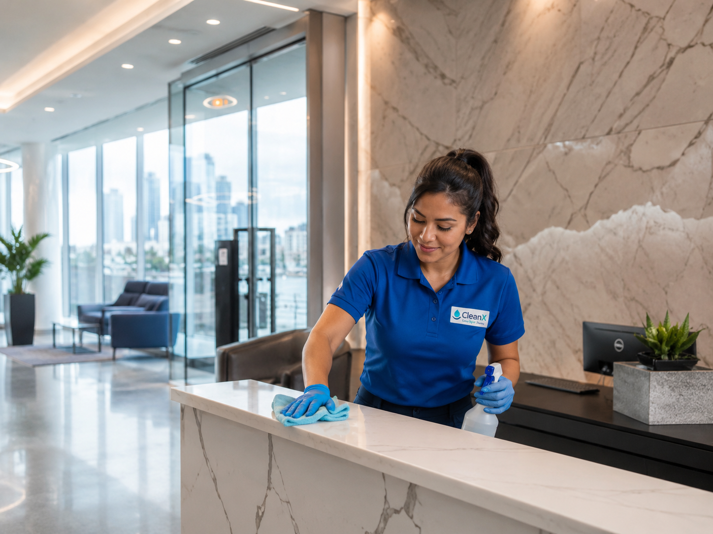 Professional cleaner in a modern commercial lobby representing Seattle metro commercial cleaning services by CleanX