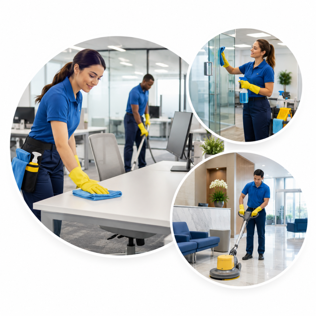Professional commercial cleaning team servicing an office space in the Seattle metro area