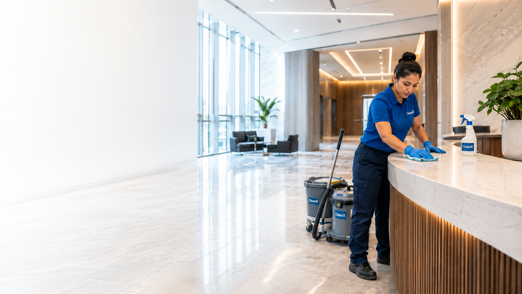Professional cleaner performing post-construction cleaning in a modern commercial lobby