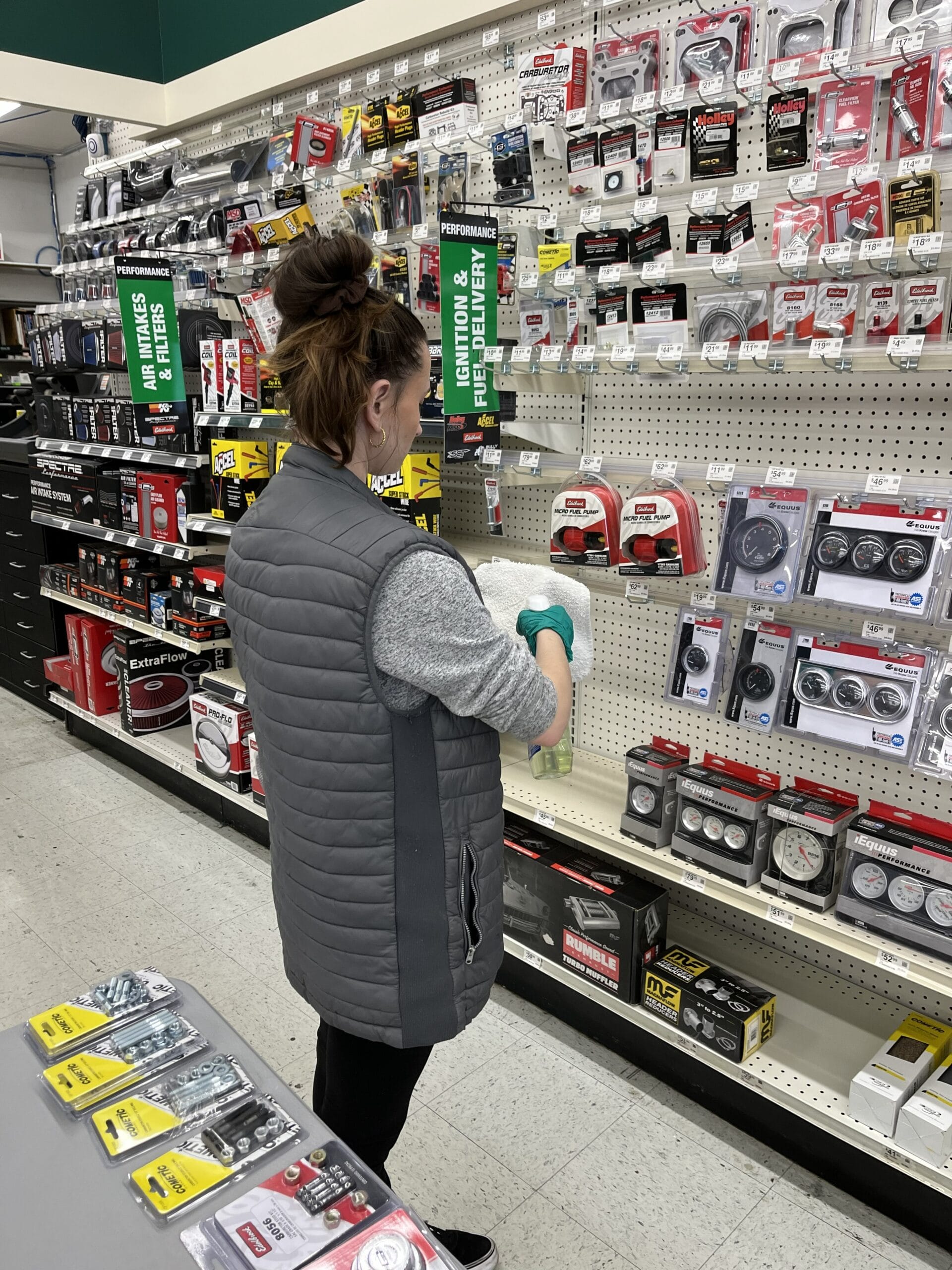 Commercial cleaner detailing retail shelving and product fixtures